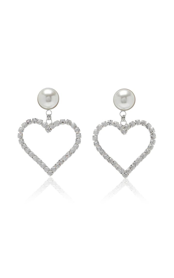 Alessandra Rich Crystal Heart Earrings With Pearl Clip