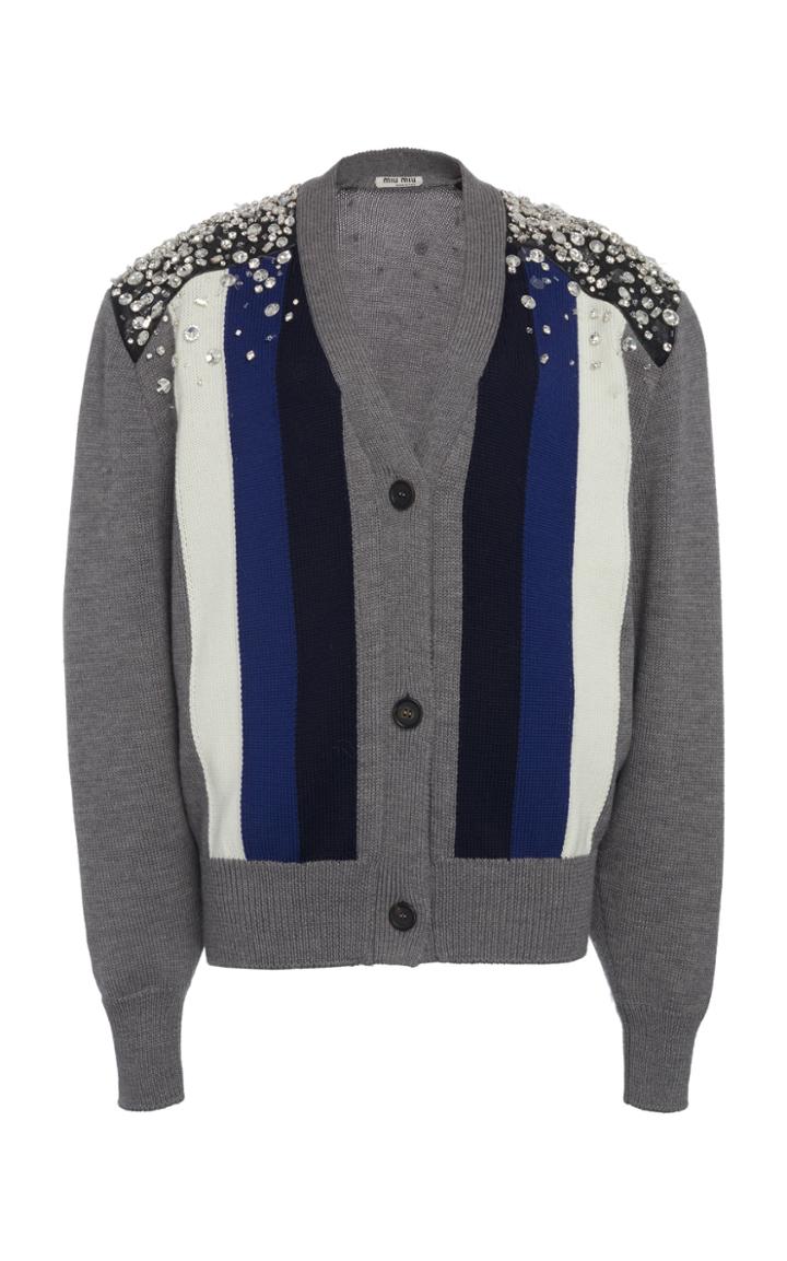 Miu Miu Embellished Striped Wool Cardigan