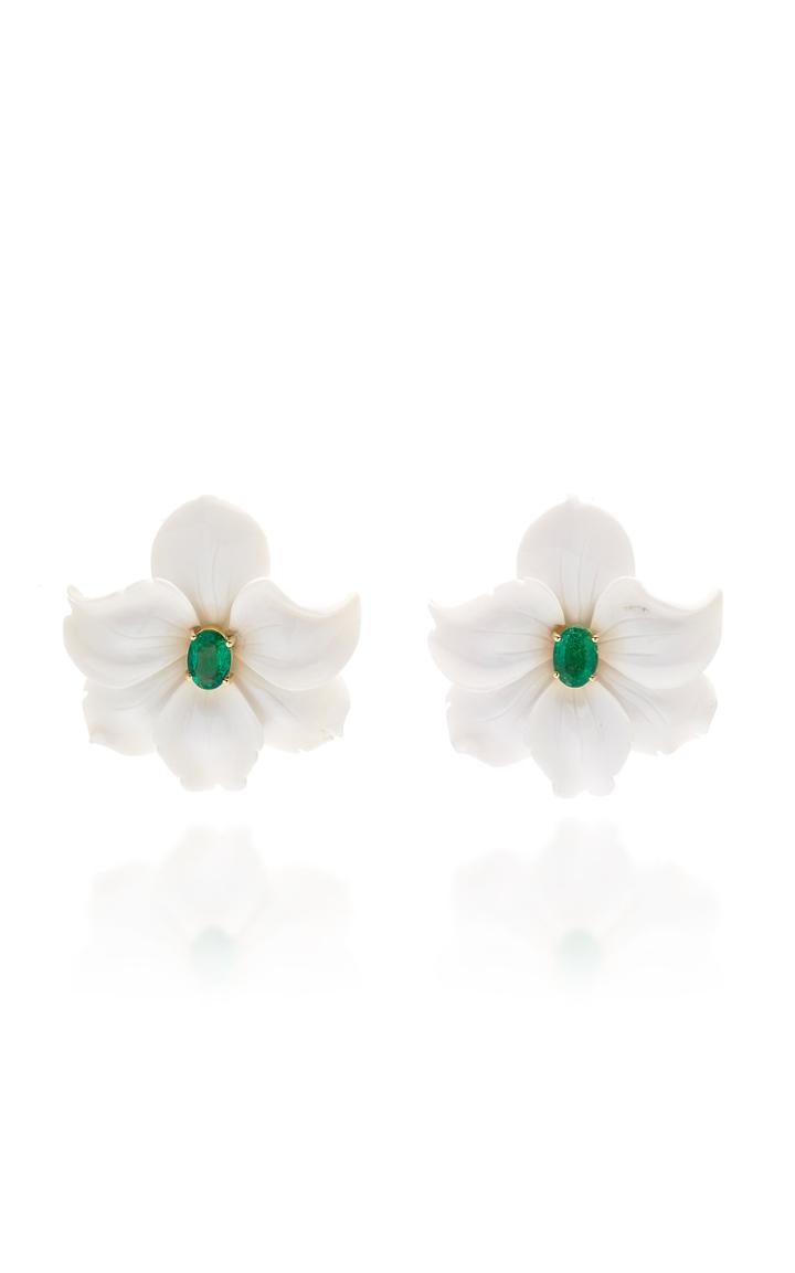 Casa Castro 18k Gold, Diamond And White Agate Flower Earrings