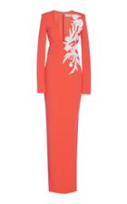 Pamella Roland Floral-embroidered Stretch Crepe V-neck Gown