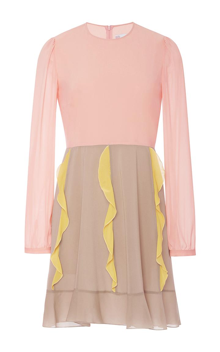 Red Valentino Long Sleeve Colorblock Ruffle Dress