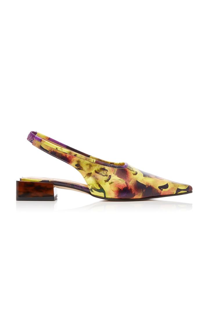 Ganni Floral-print Leather Slingback Flats