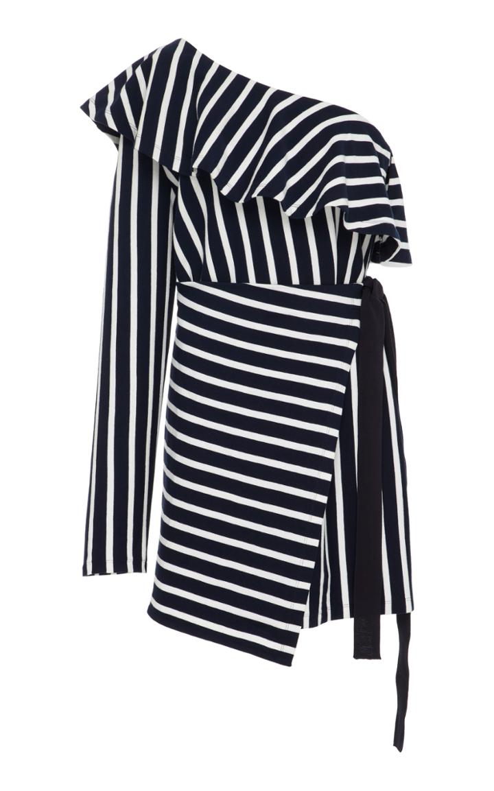 Goen.j Ruffled One Shoulder Striped Jersey Wrap Dress