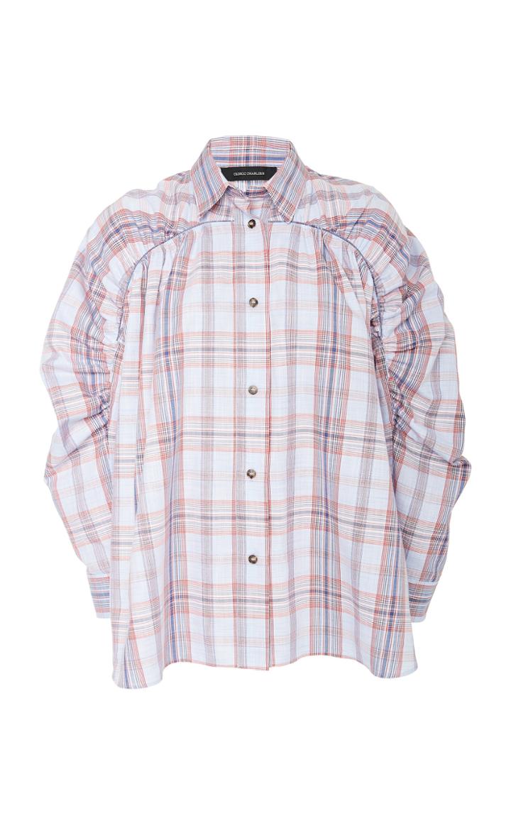 Cdric Charlier Ruched Collared Plaid Cotton Blouse