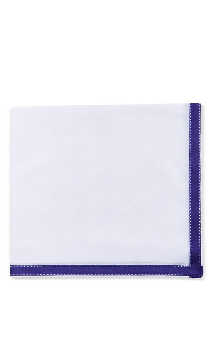 Simonnot Godard White Cotton Voile Sellier Pocket Square With Wide Navy Border