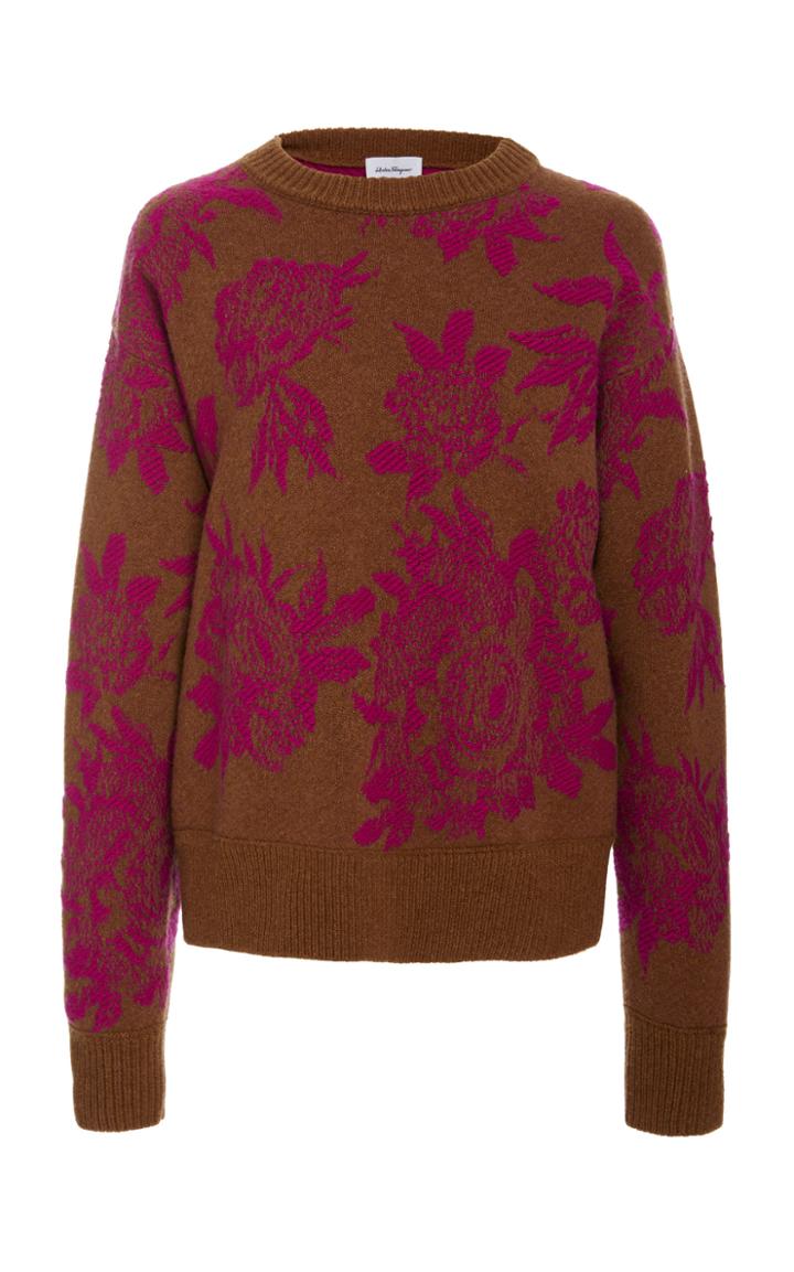 Salvatore Ferragamo Peony Embroidered Virgin Wool Sweater