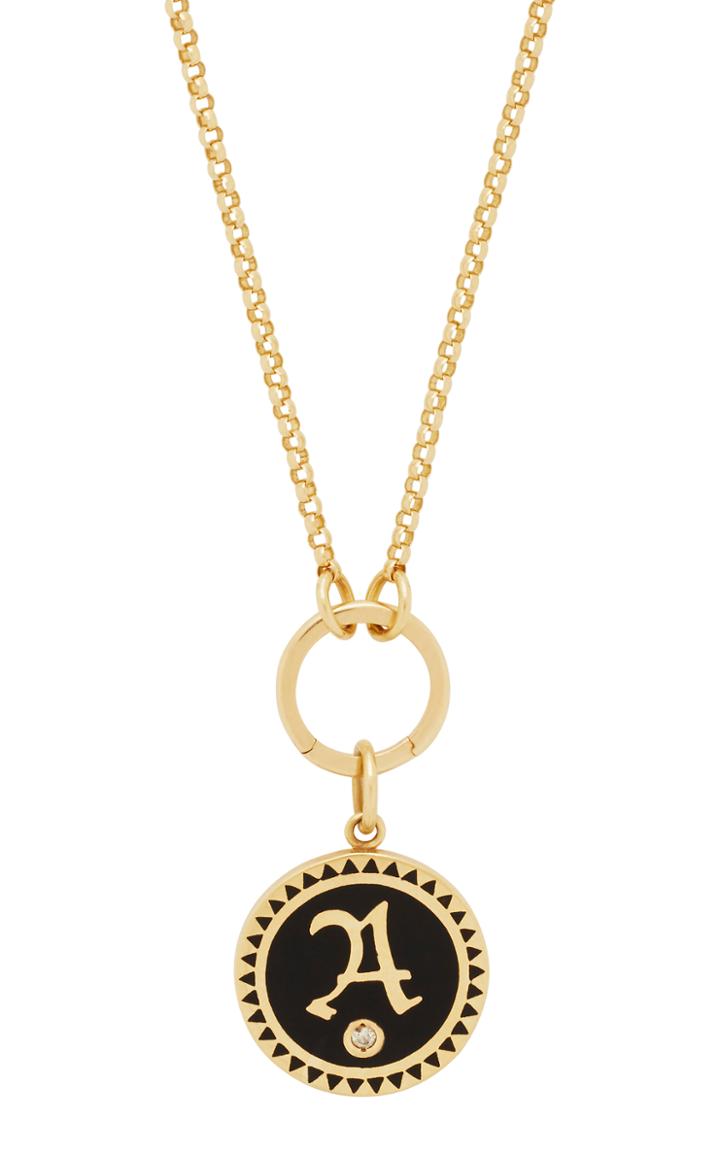 Foundrae Black Petite Champleve Enamel Initial Medallion On Annex Link Necklace