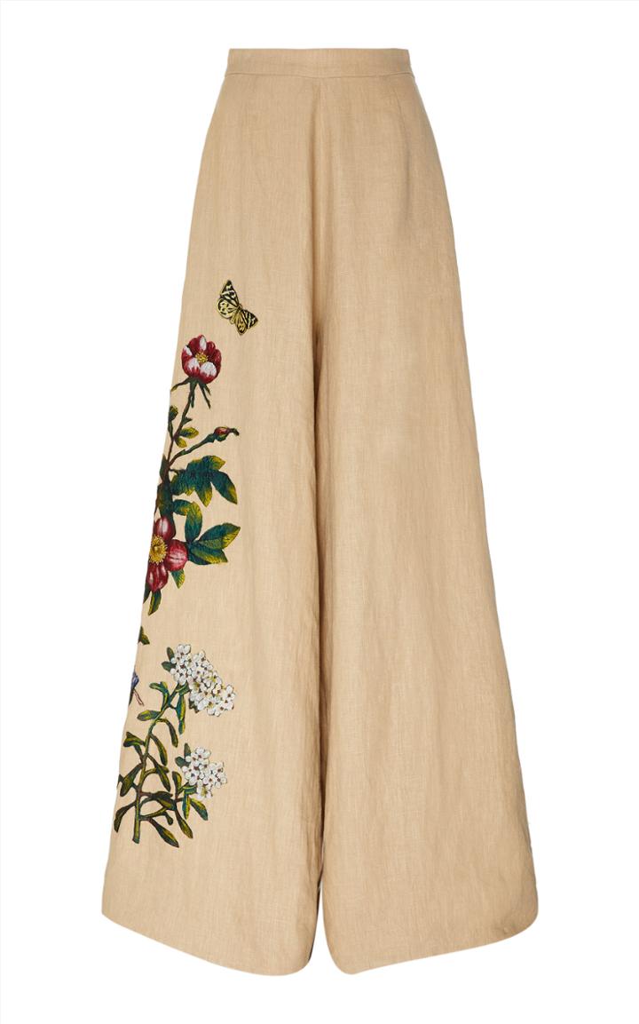 Moda Operandi Oscar De La Renta Embroidered Linen Wide-leg Pants Size: 0