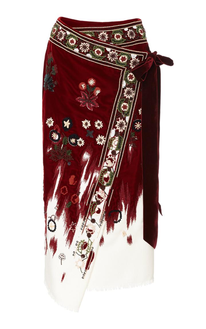 Oscar De La Renta Embroidered Velvet-trimmed Wool Wrap Skirt Size: 2
