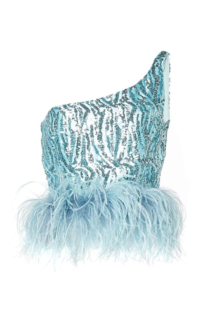 16arlington One-shoulder Feather-hem Cropped Sequin Top