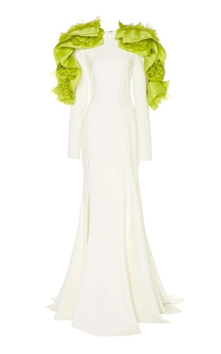 Christian Siriano Contrast Lei Long Sleeve Crepe Gown