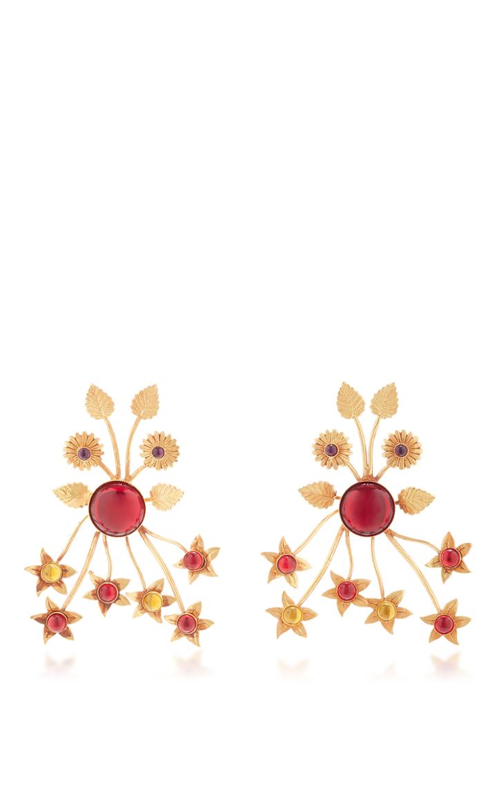 Rodarte Gold Floral Burst Earrings With Ruby Glass Cabochons