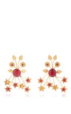 Rodarte Gold Floral Burst Earrings With Ruby Glass Cabochons