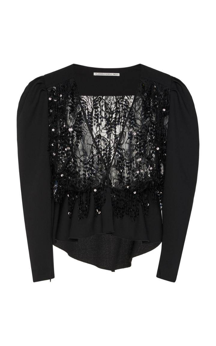 Alessandra Rich Wool Crepe Embellished Lace Top