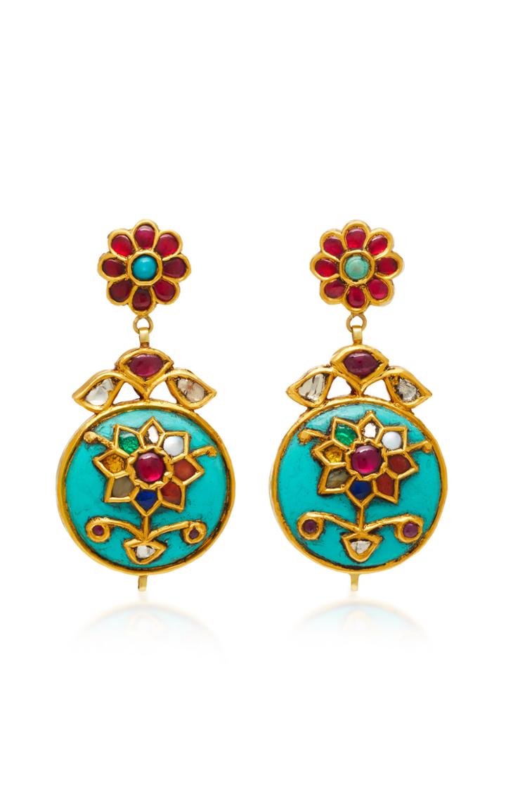 Sanjay Kasliwal Turquoise And Ruby Floral Earrings