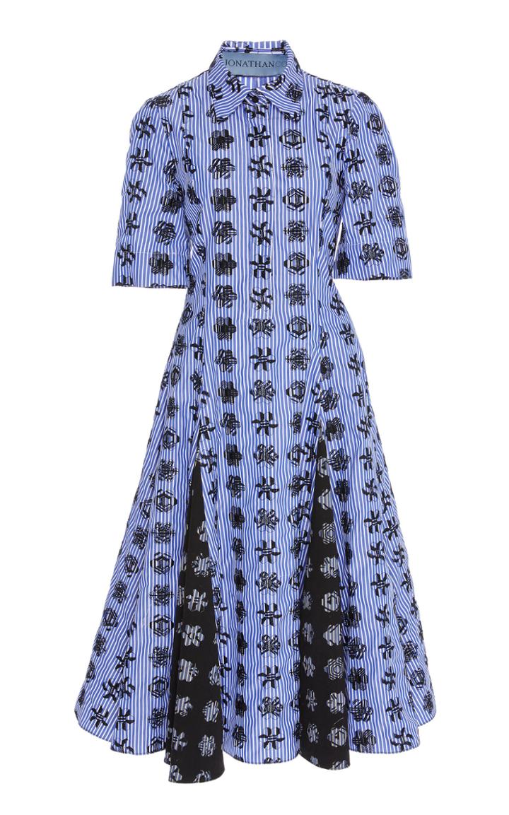 Jonathan Cohen Embroidered Stripe Cotton Poplin Shirtdress