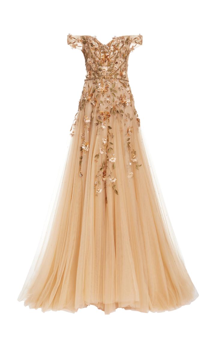 Moda Operandi Marchesa Embroidered Tulle Off-the-shoulder Gown