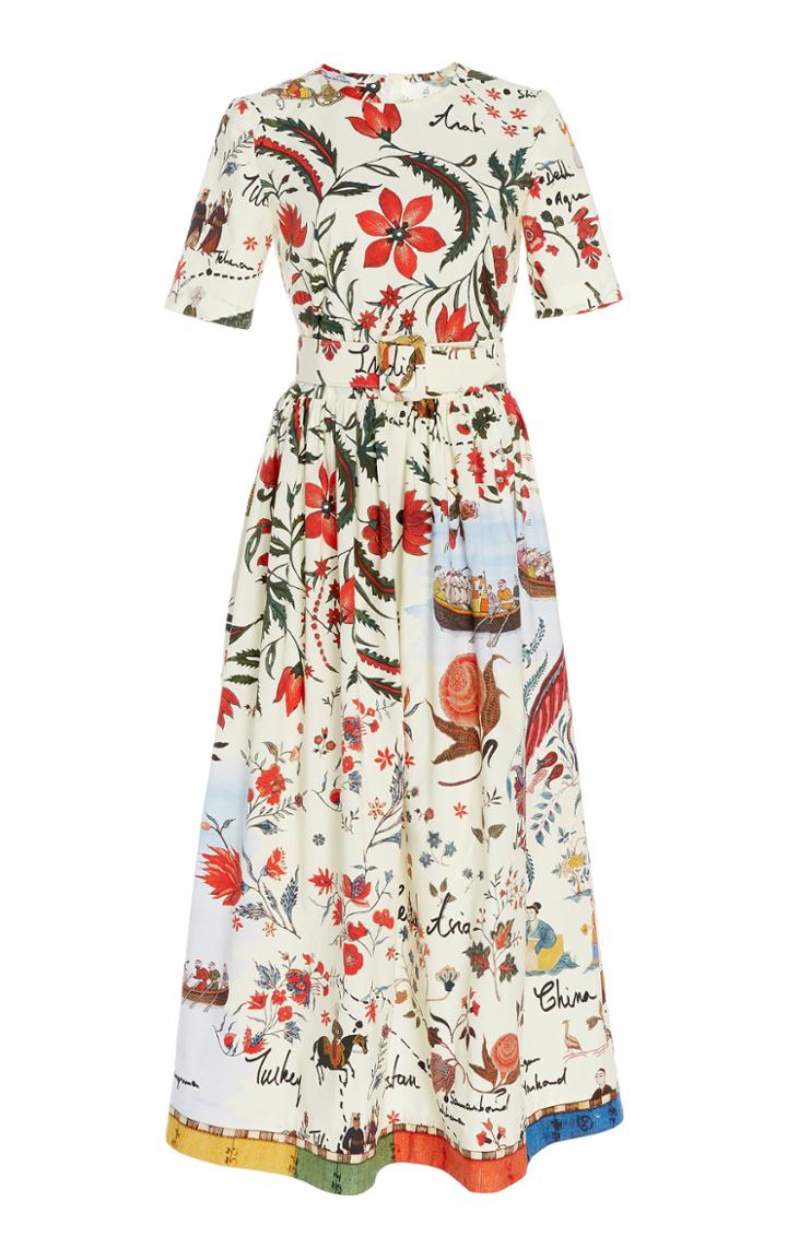 Oscar De La Renta Belted Printed Silk-twill Midi Dress