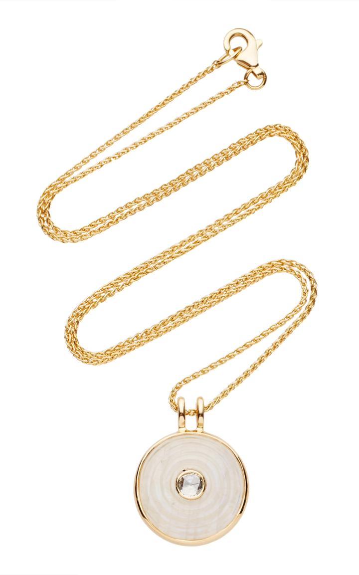 Noor Fares Inle Small Amulet Pendant In Yellow Gold With Carved Rainbow Moonstone & Rose Cut Diamond