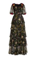 Moda Operandi Costarellos Minna Floral-appliqud Printed Chiffon Tiered Gown