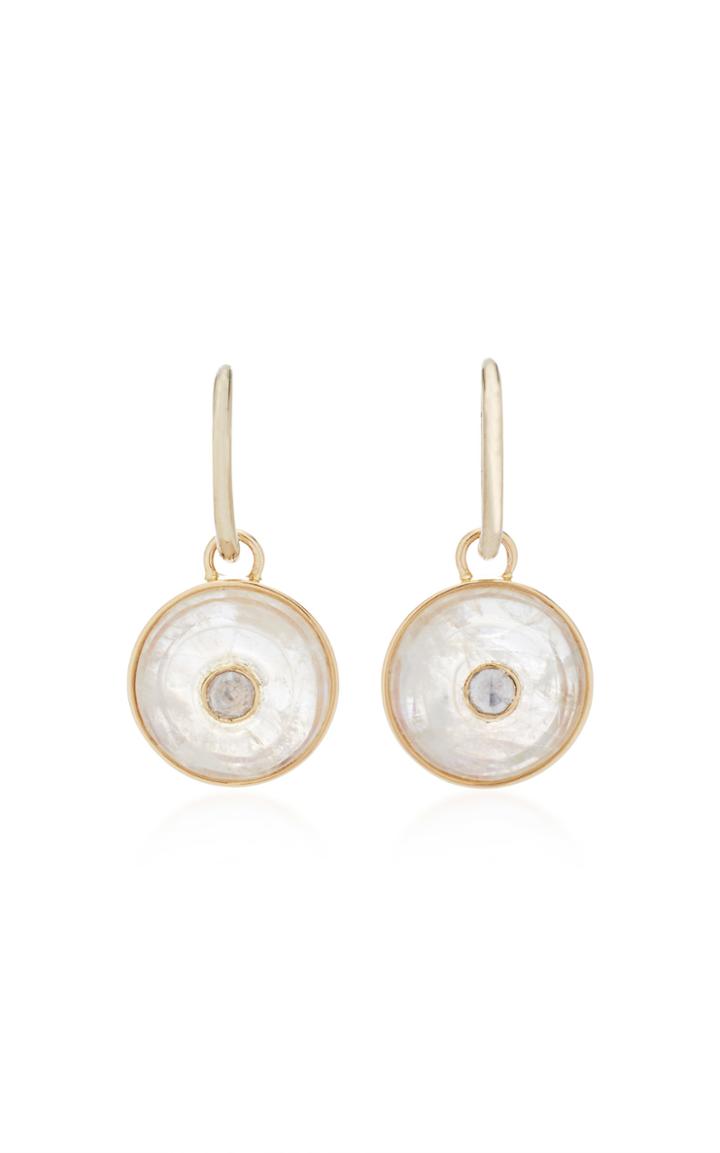 Noor Fares Inle Carved Stone Dormeuse Earrings In Yellow Gold With Carved Rainbow Moonstone & Rose Cut Diamonds