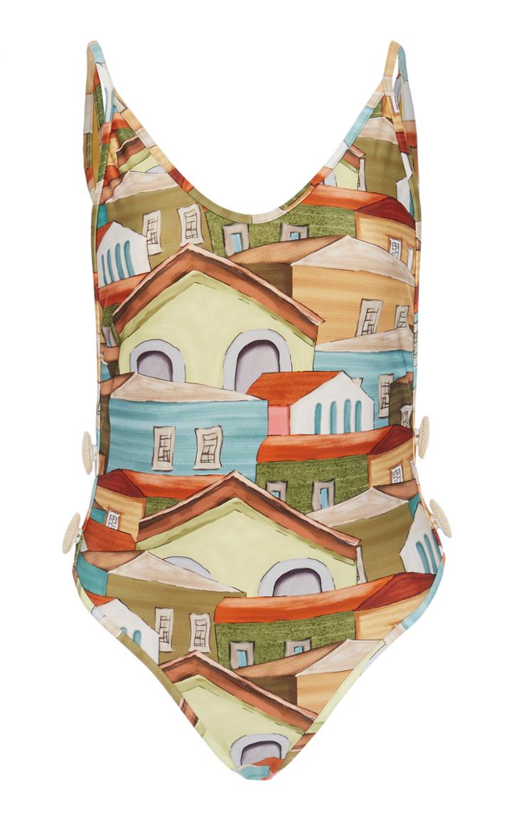 Agua De Coco Printed Button-detailed Swimsuit
