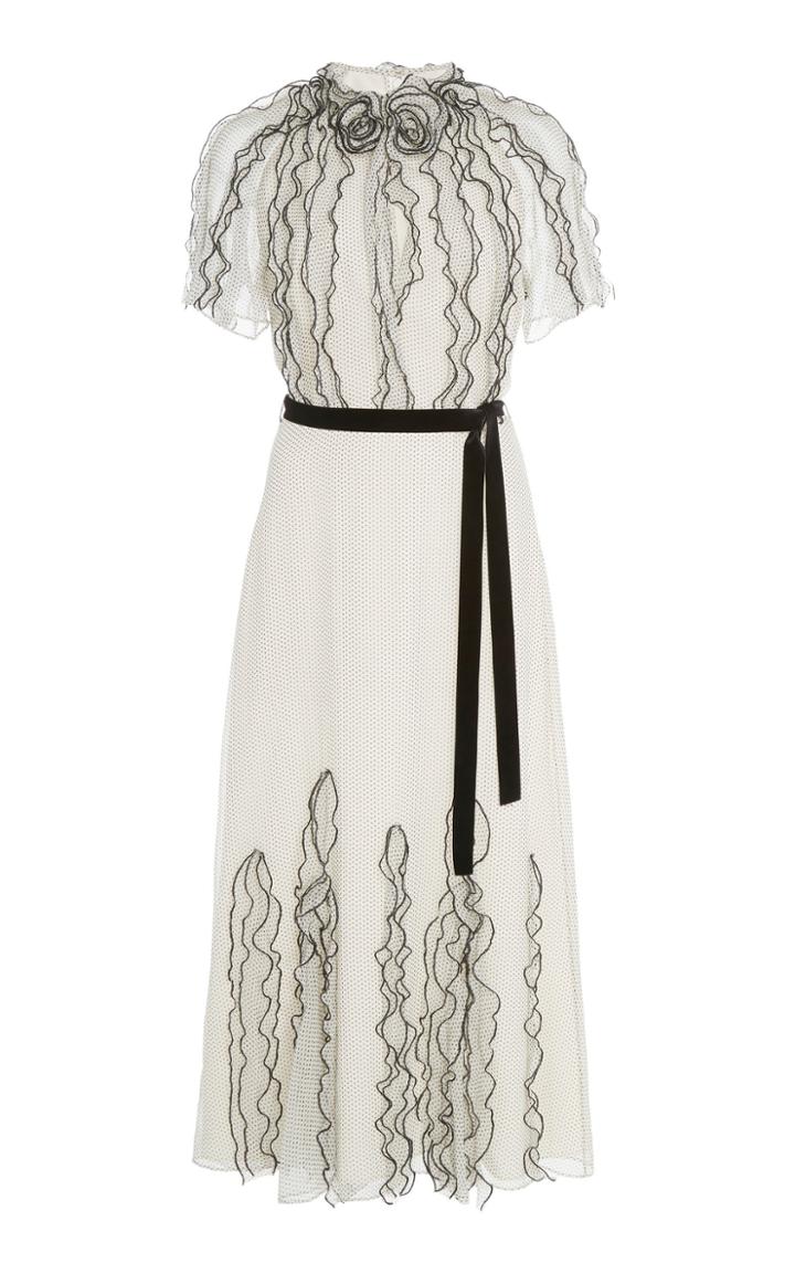 Jason Wu Collection Nano Dot Ruffled Belted Silk Chiffon Midi Dress