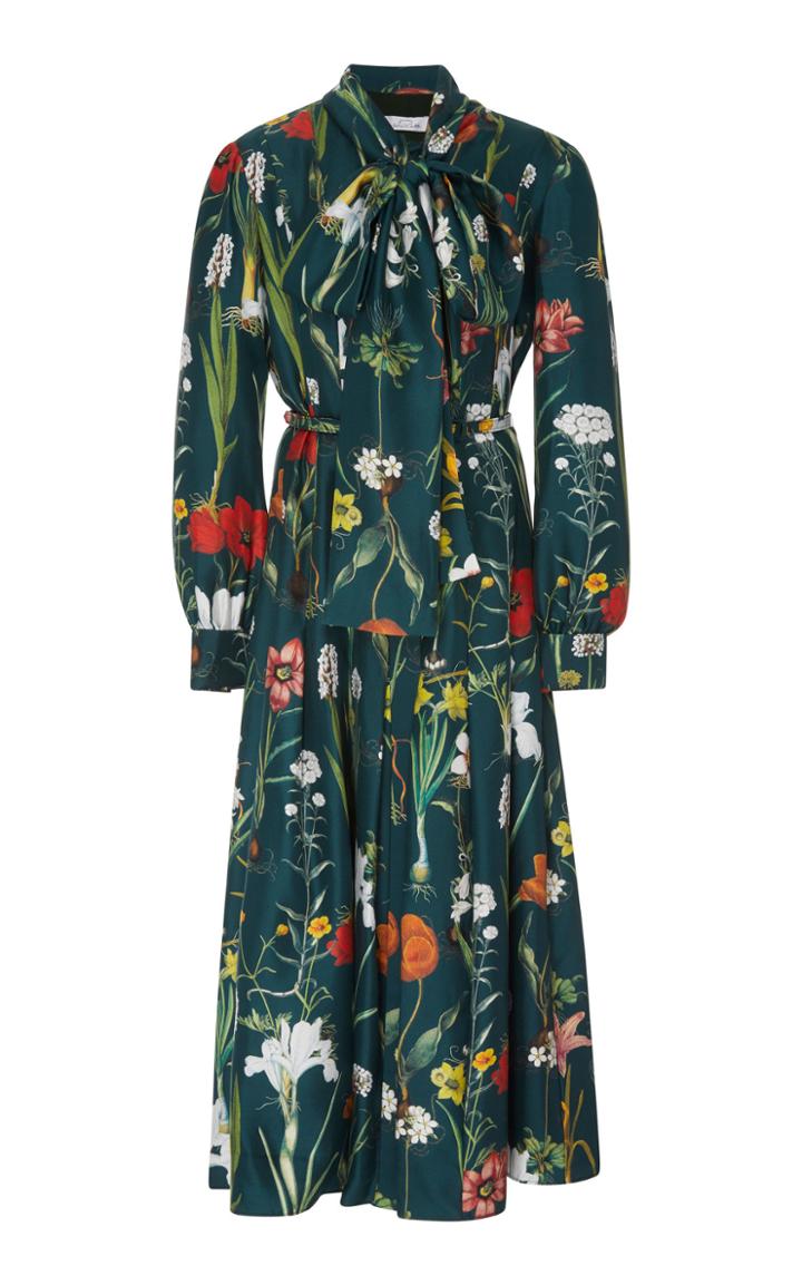 Oscar De La Renta Pussy-bow Floral-print Silk Midi Dress