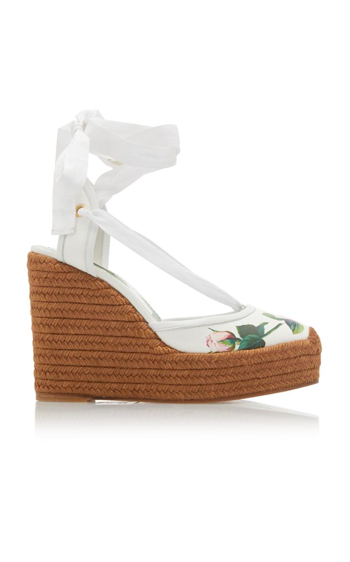 Dolce & Gabbana Floral-print Leather Platform Wedge Espadrilles Size: