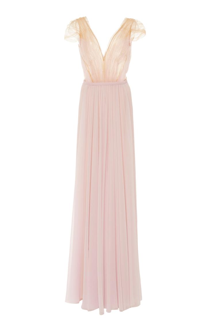 J. Mendel Cap Sleeve Illusion Neck Chiffon Gown