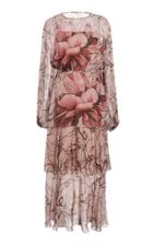 Alberta Ferretti Printed Silk Long Sleeve Ruffle Dress