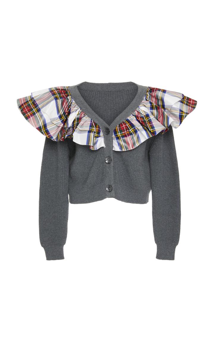 Isa Arfen Tartan Ruffled Rib-knit Cardigan