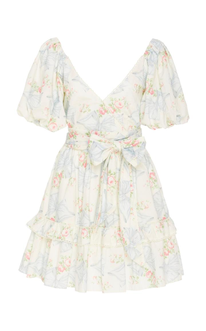 Moda Operandi Loveshackfancy Zelle Cotton Wrap Puff Sleeve Mini Dress Size: 00