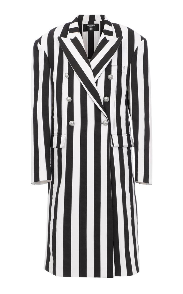 Moda Operandi Balmain Striped Denim Double-breasted Coat Size: 36