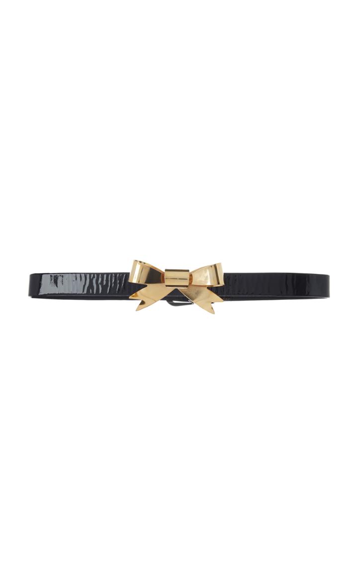 Rodarte Black Skinny Patent Leather Waist Belt With Small Gold Bow Ornament