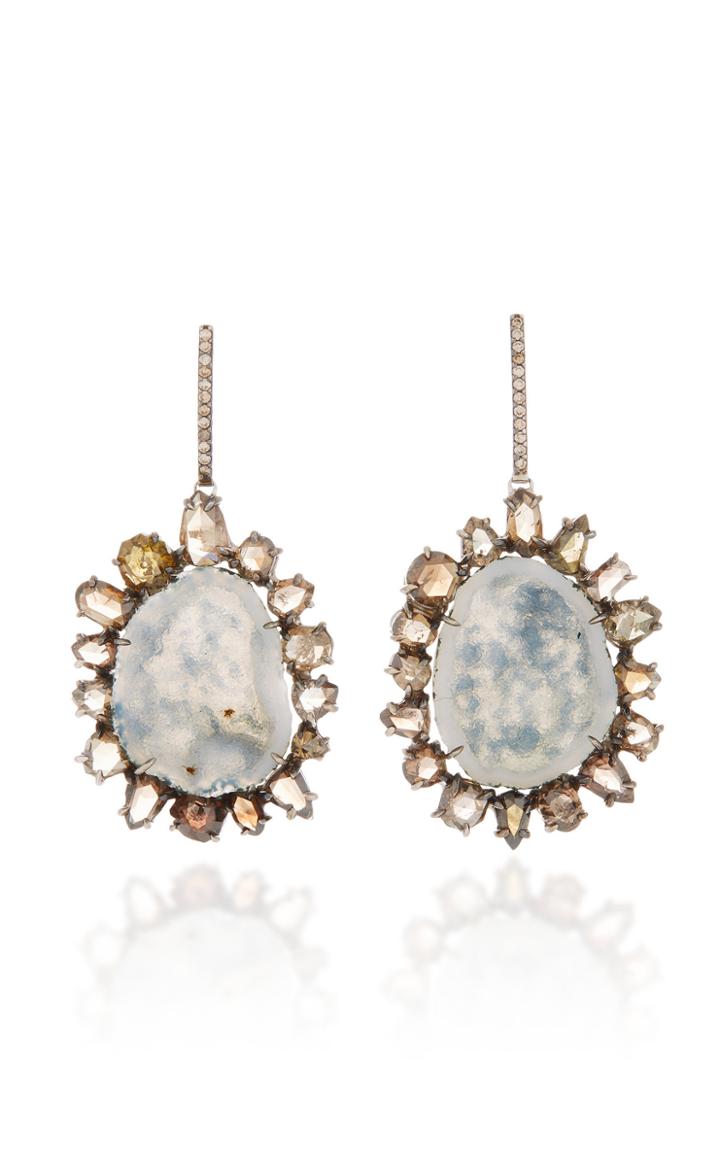 Kimberly Mcdonald One-of-a-kind Light Geode Earrings With Natural Brown Diamonds Set In 18k White Gold