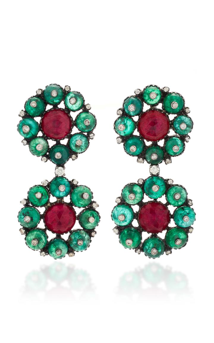 Amrapali Gold Flower Drop Earrings With Diamond Ruby Emerald