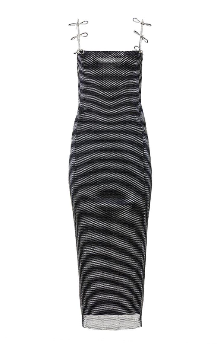 Mach & Mach Crystallized Mesh Bow-accented Midi Dress