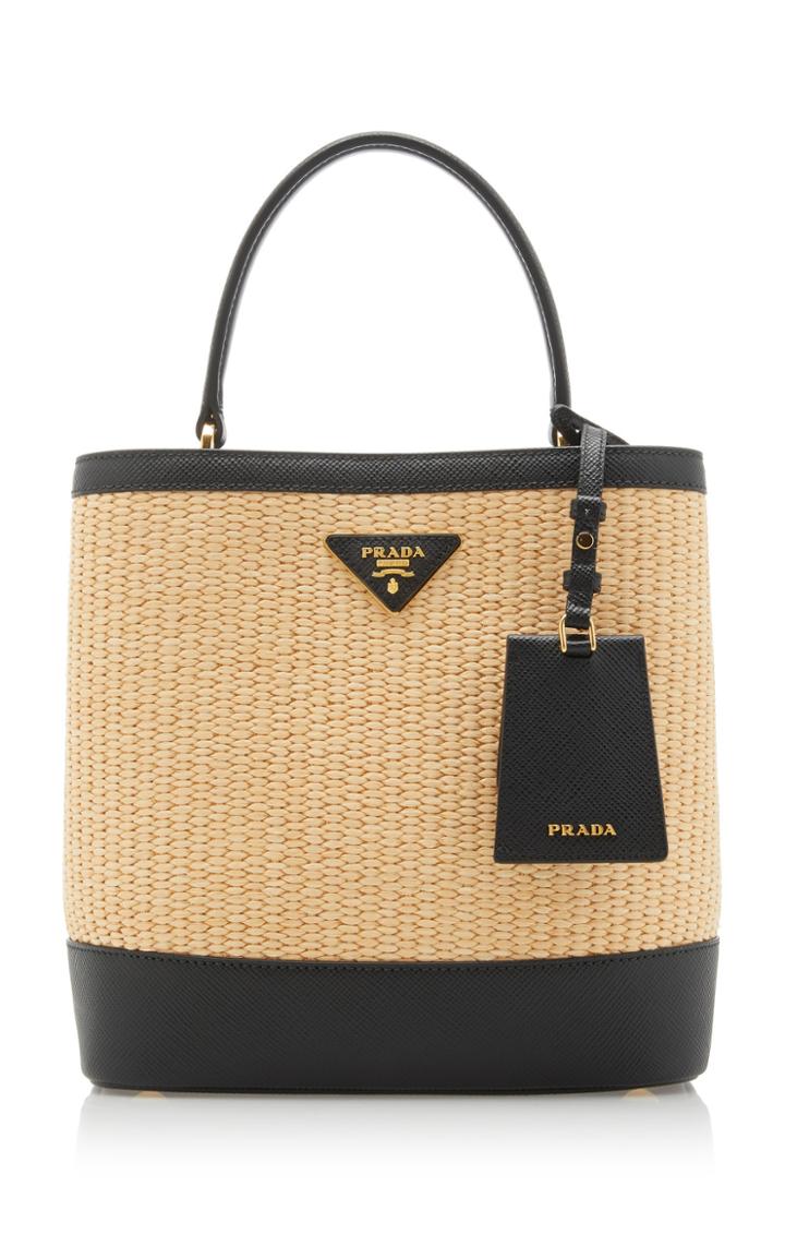 Prada Large Leather-trimmed Raffia Bucket Bag