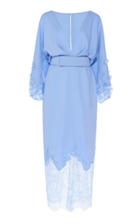 Costarellos Belted Crepe And Chantilly Lace Midi Dress