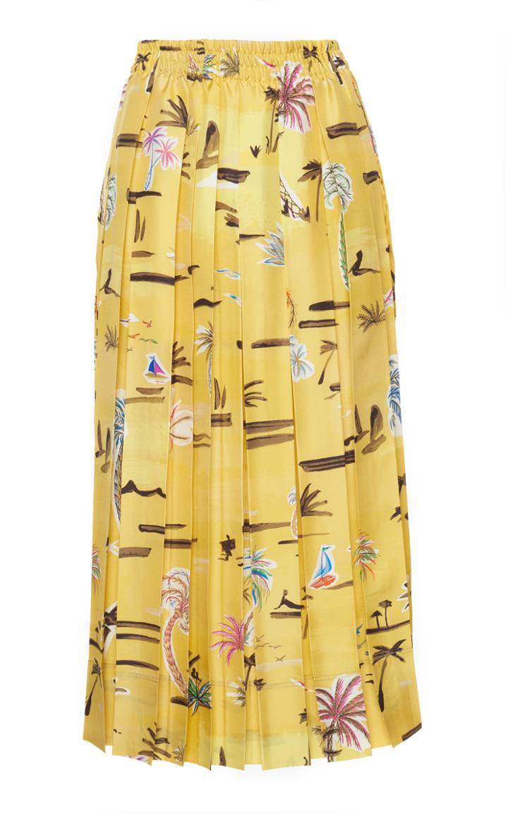 Agnona Silk Twill Tropical Print Pleated Skirt