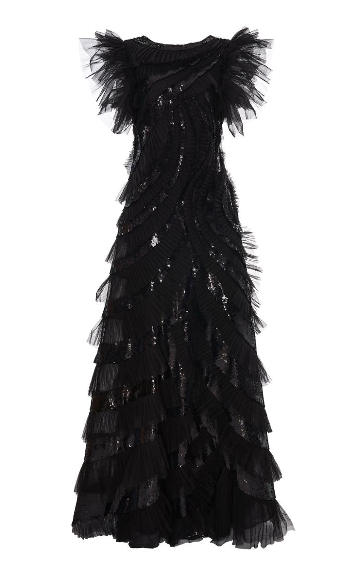 Alberta Ferretti Embellished Ruffle Open Back Tulle Gown