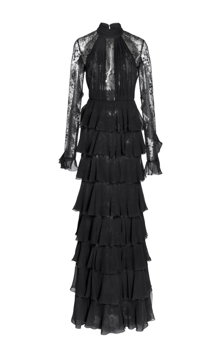 Elie Saab Tiered Ruffle Long Sleeve Gown