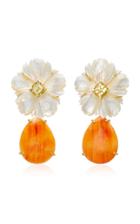 Bounkit 14k Gold-plated Carved White Mother Of Pearl Flower Lemon Quartz And Red Oyster Shell Drop Earrings