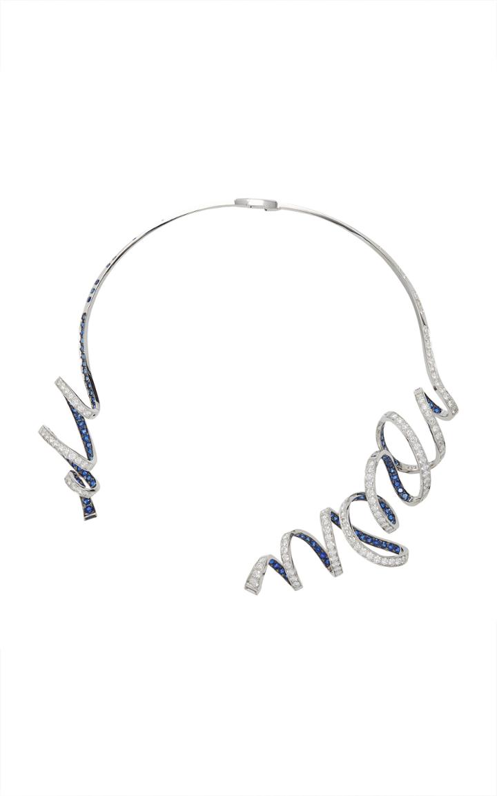 Reza M'o Exclusive: Ribbon Necklace With Diamonds And Blue Sapphire