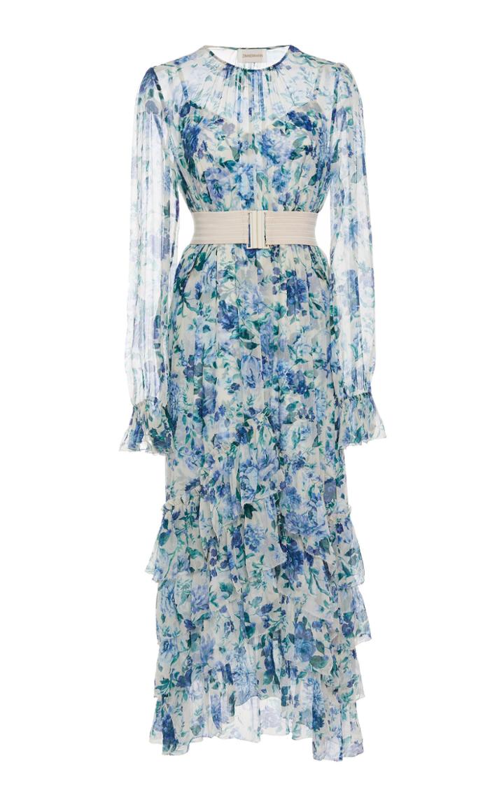 Zimmermann Moncur Chevron Frill Floral Silk Dress