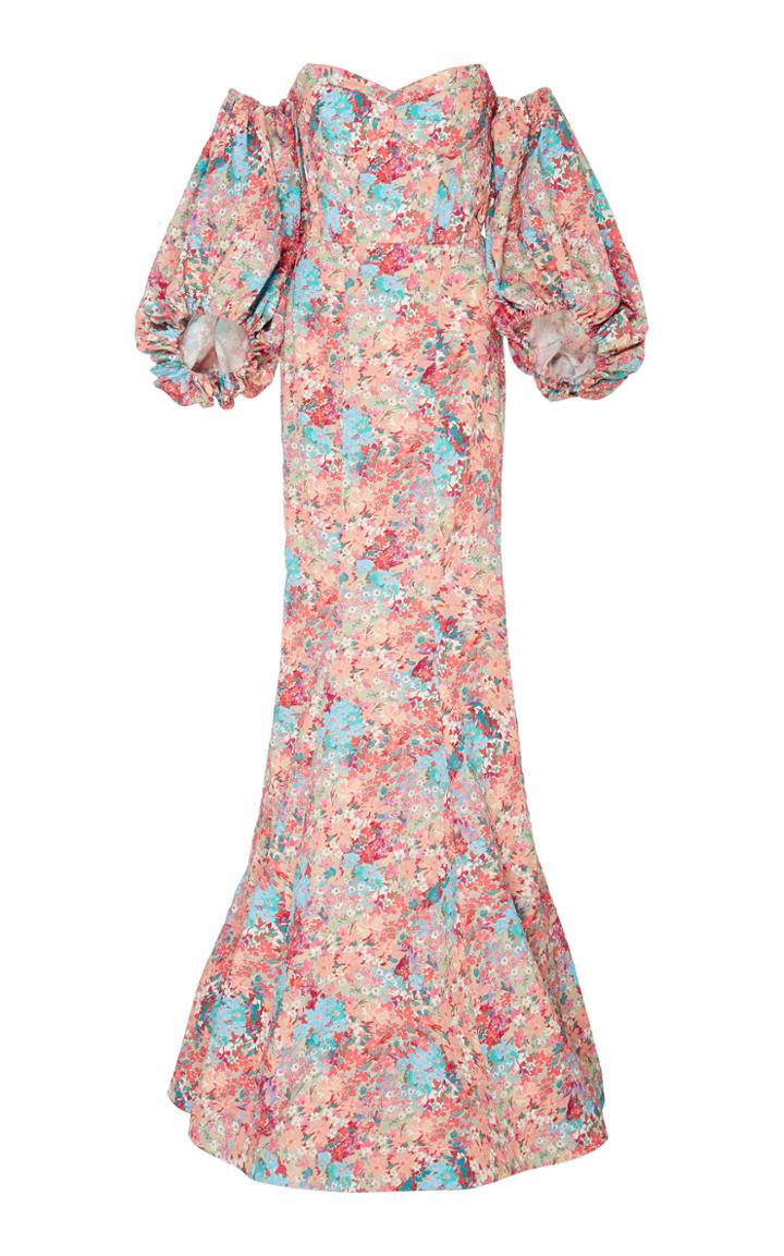 Prabal Gurung Floral Balloon Sleeve Mermaid Gown