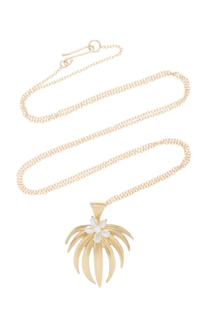 Annette Ferdinandsen Curled Fan Palm 14k Gold And Pearl Pendant Necklace