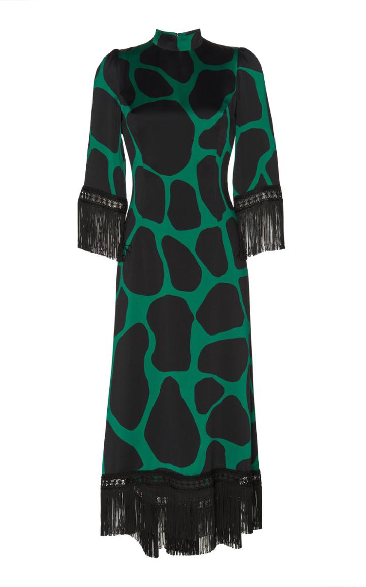 Andrew Gn Fringe-trimmed Animal Print Silk-blend Dress
