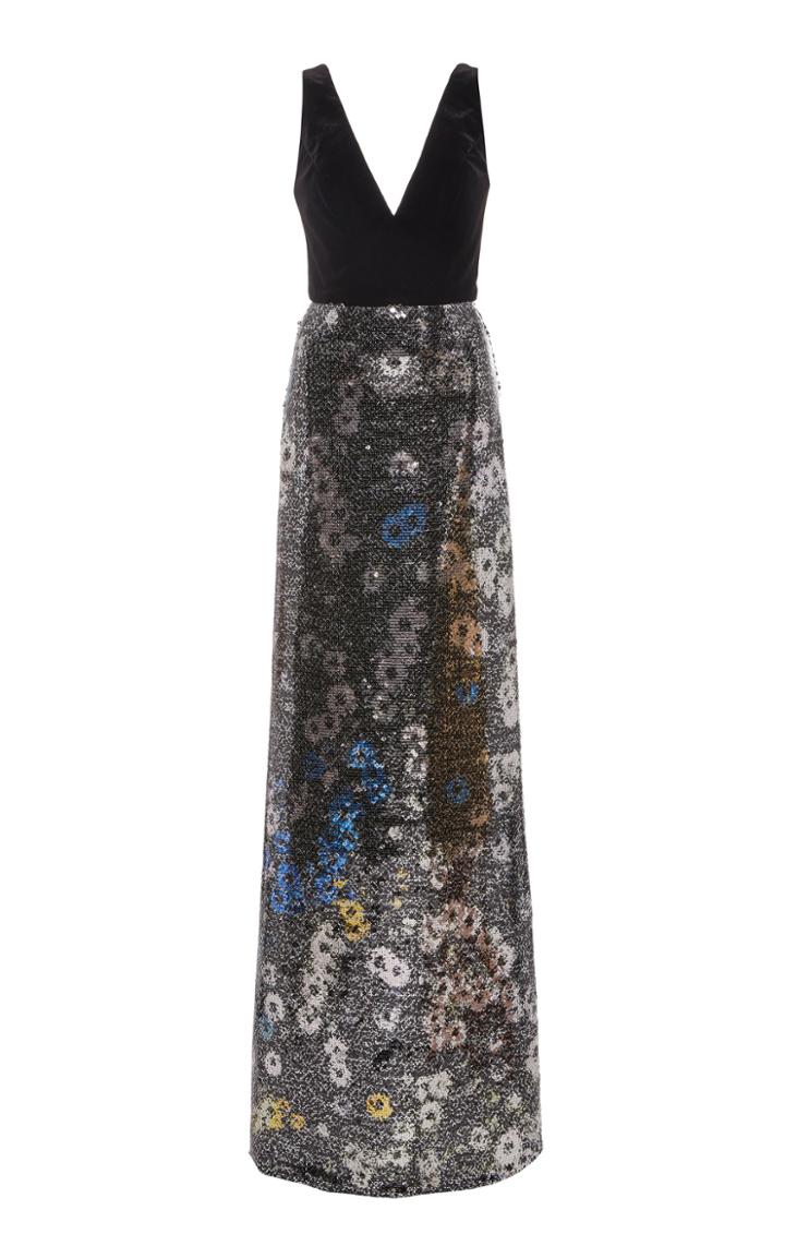 Monique Lhuillier Velvet-paneled Sequined Chiffon Maxi Dress
